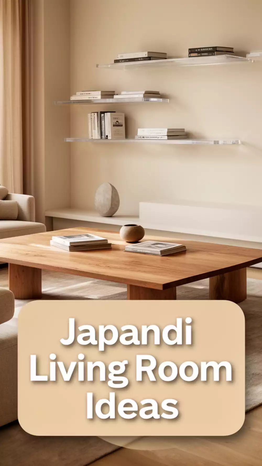 Living Room Japandi Aesthetic Trend Using a Low Wooden Coffee Table and Minimal Shelf Styling