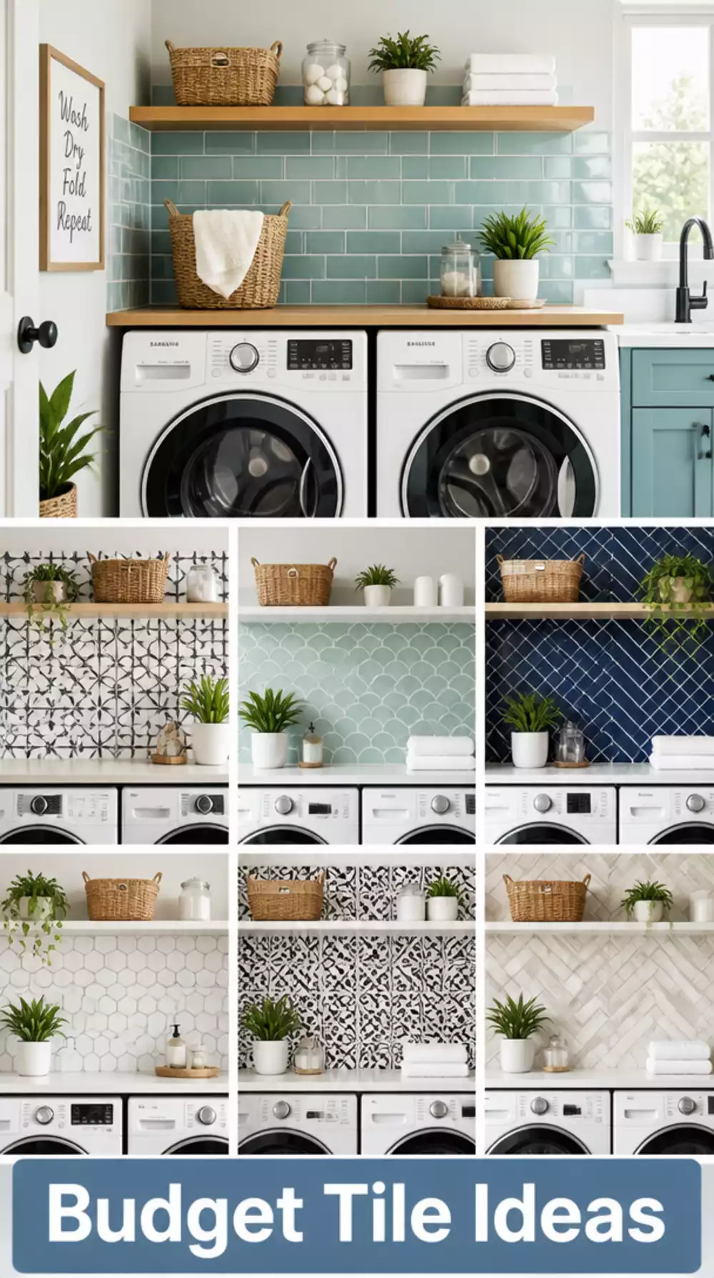 Laundry Room Peel-and-Stick Tile Backsplash Behind the Machines That Fakes a Real Finish