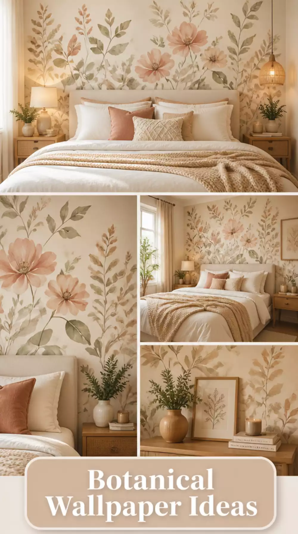 Bedroom Peel-and-Stick Botanical Wallpaper Panel That Creates a Headboard Without Nails