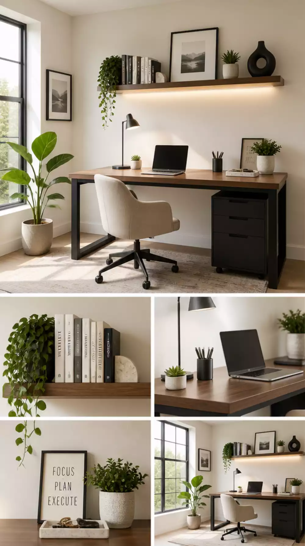 Home Office Floating Shelf Above the Desk That Holds Books and Keeps the Surface Clear