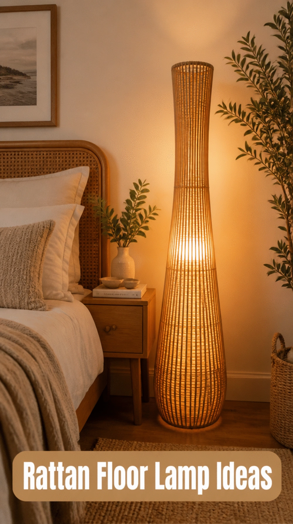 Bedroom Rattan Floor Lamp in a Slim Natural Weave That Fills a Dark Corner With Warm Light