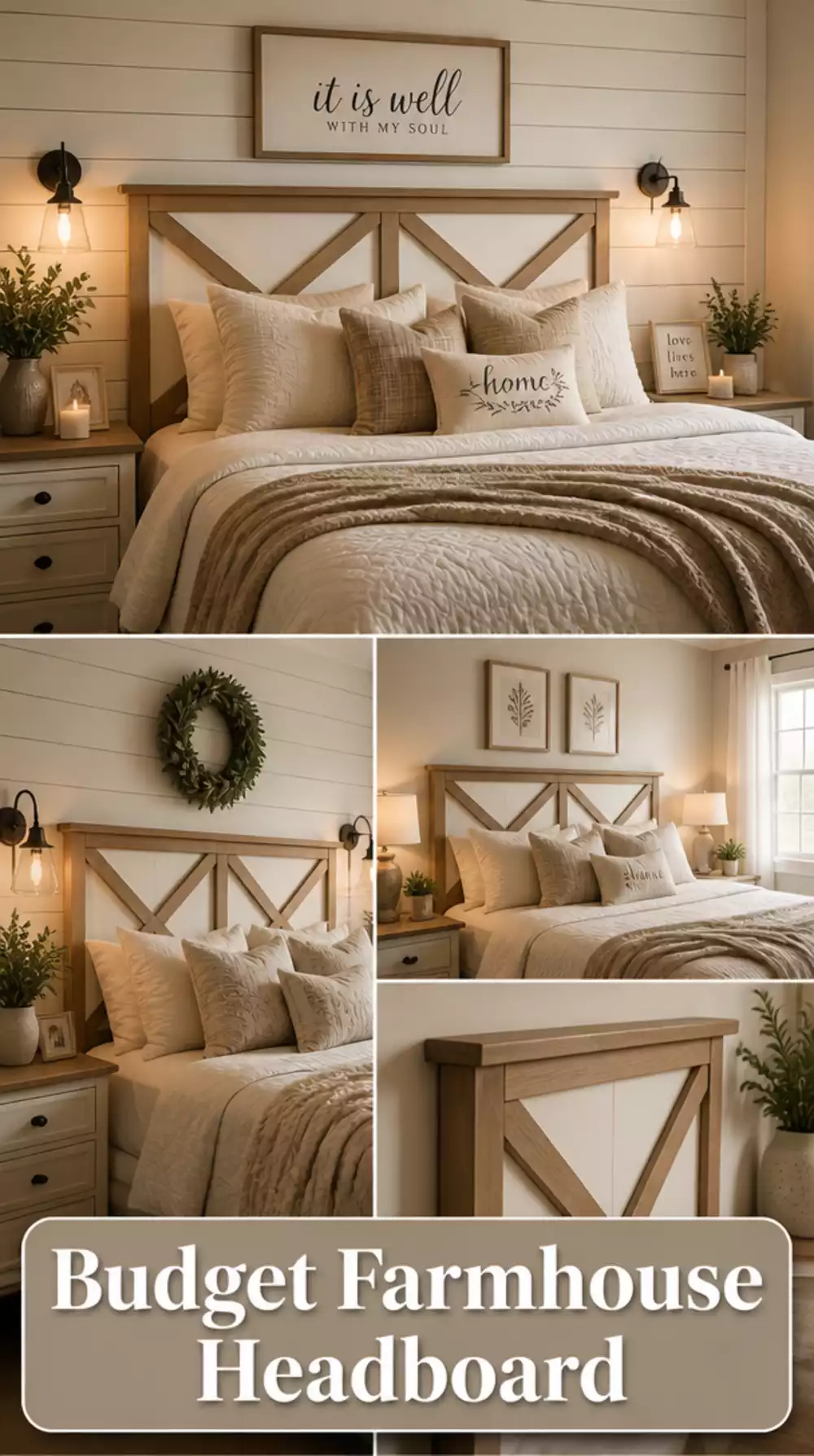 Bedroom Shiplap-Effect Wallpaper Panel Behind the Bed as a Budget Farmhouse Headboard