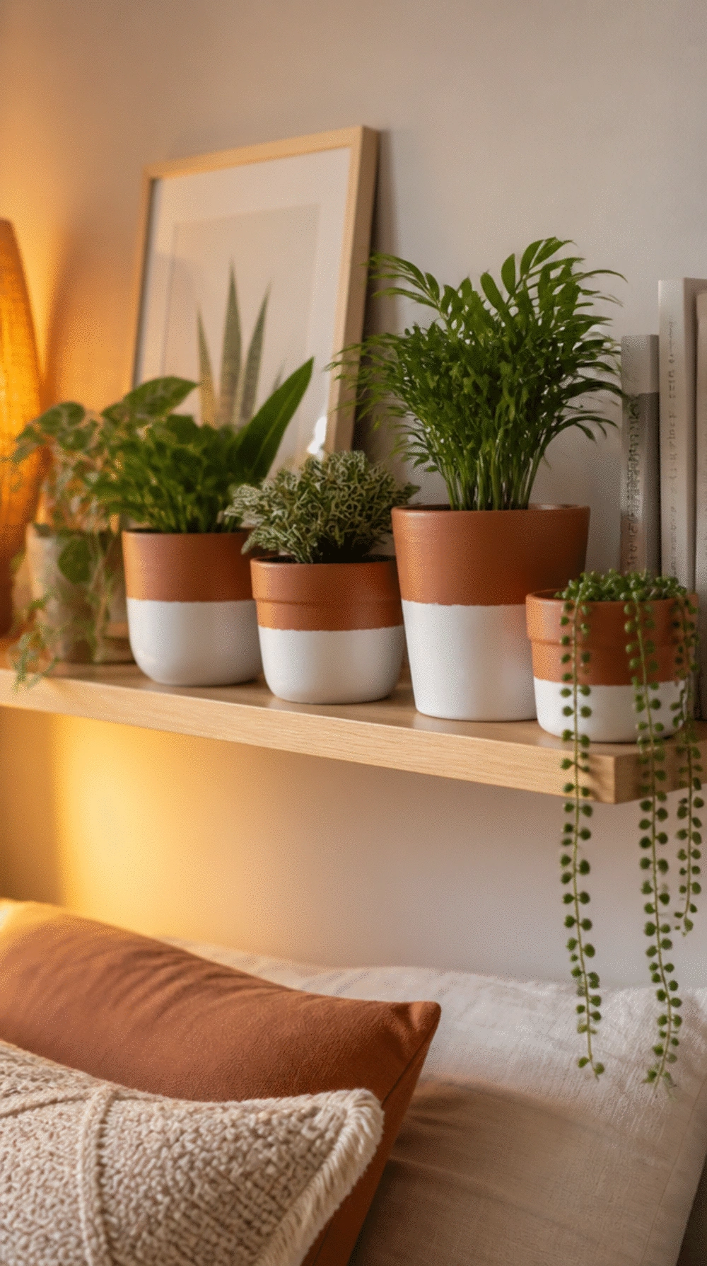 Bedroom Dollar Store Terracotta Plant Pot Painted in a Dipped White Base for a Styled Shelf