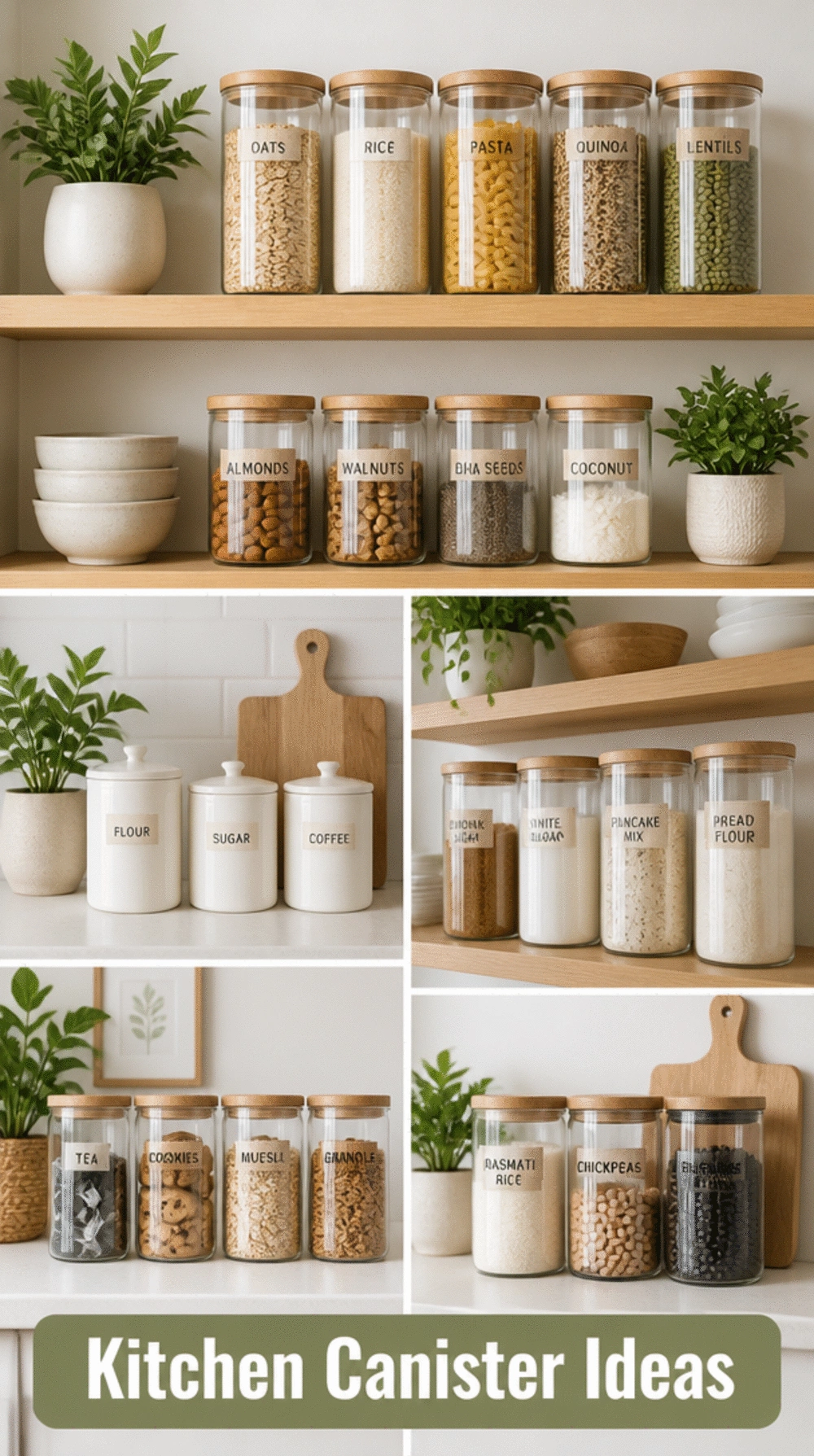 Kitchen Open Shelf Row of Matching Linen-Label Canisters That Makes Dry Goods Look Decorative