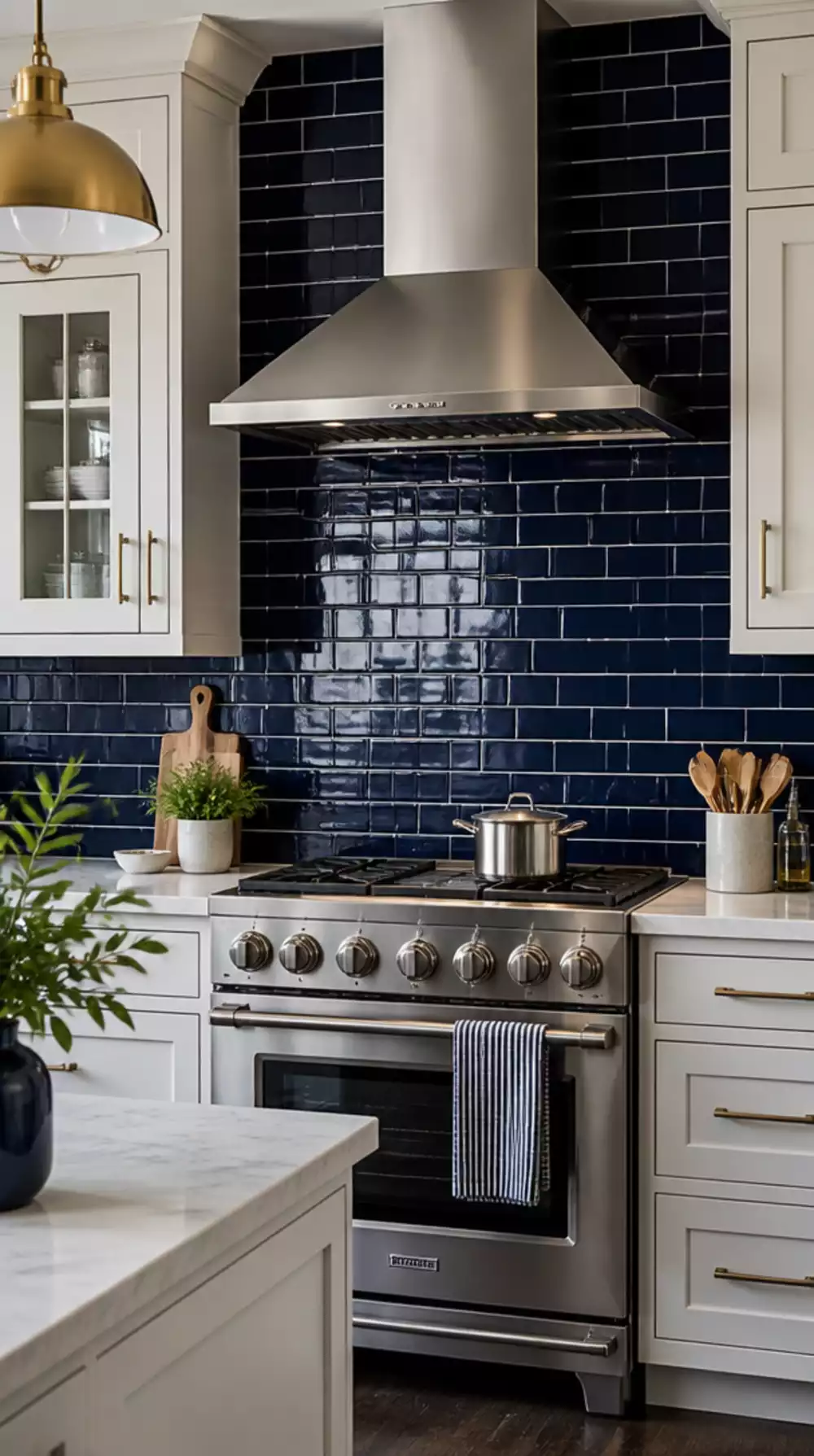 Kitchen Painted Tile Backsplash Using Chalk Paint in a Deep Navy for a Dramatic Look