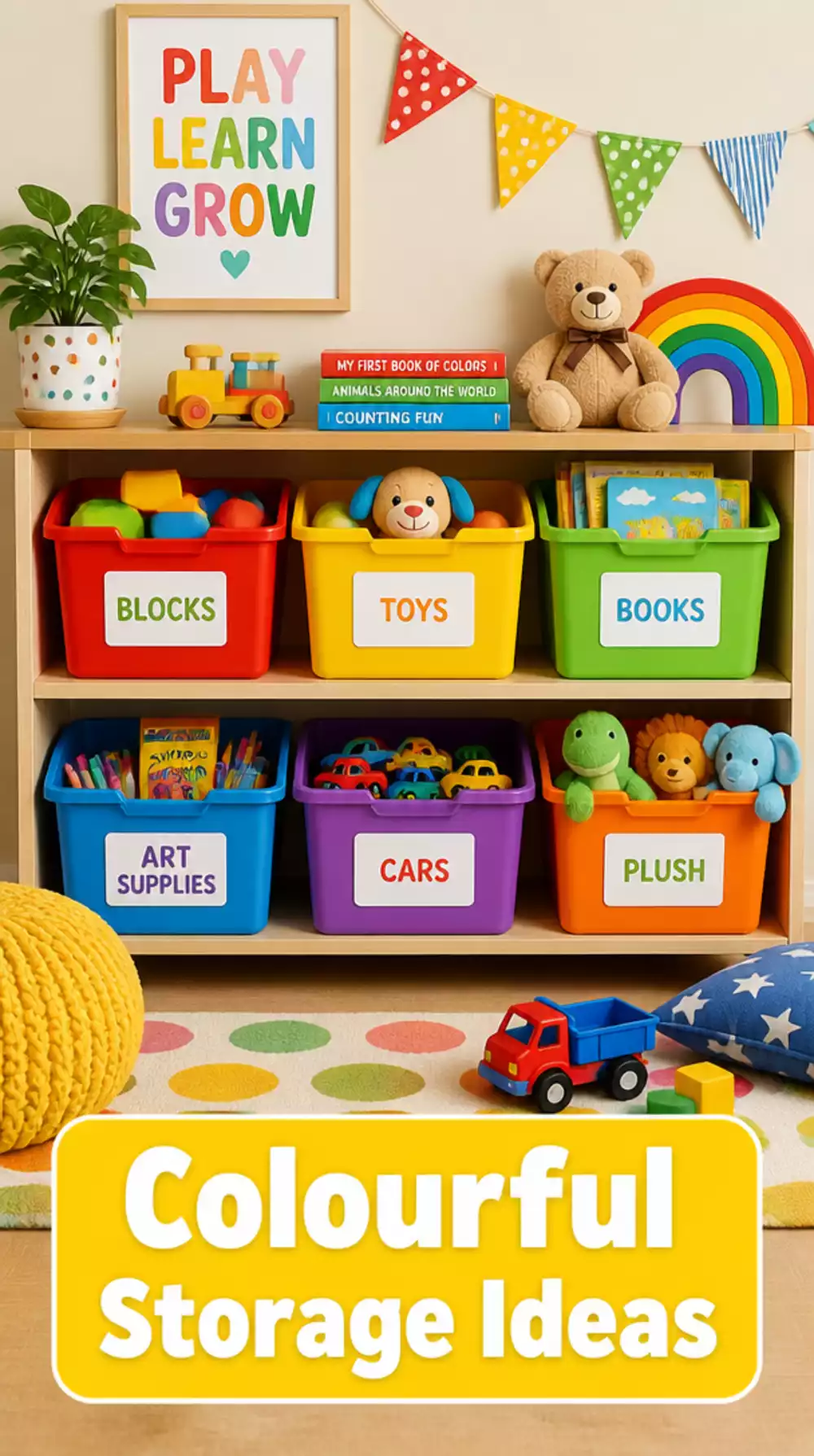 Kids Room Colourful Storage Bin Set on a Low Shelf That Kids Can Reach and Use Themselves