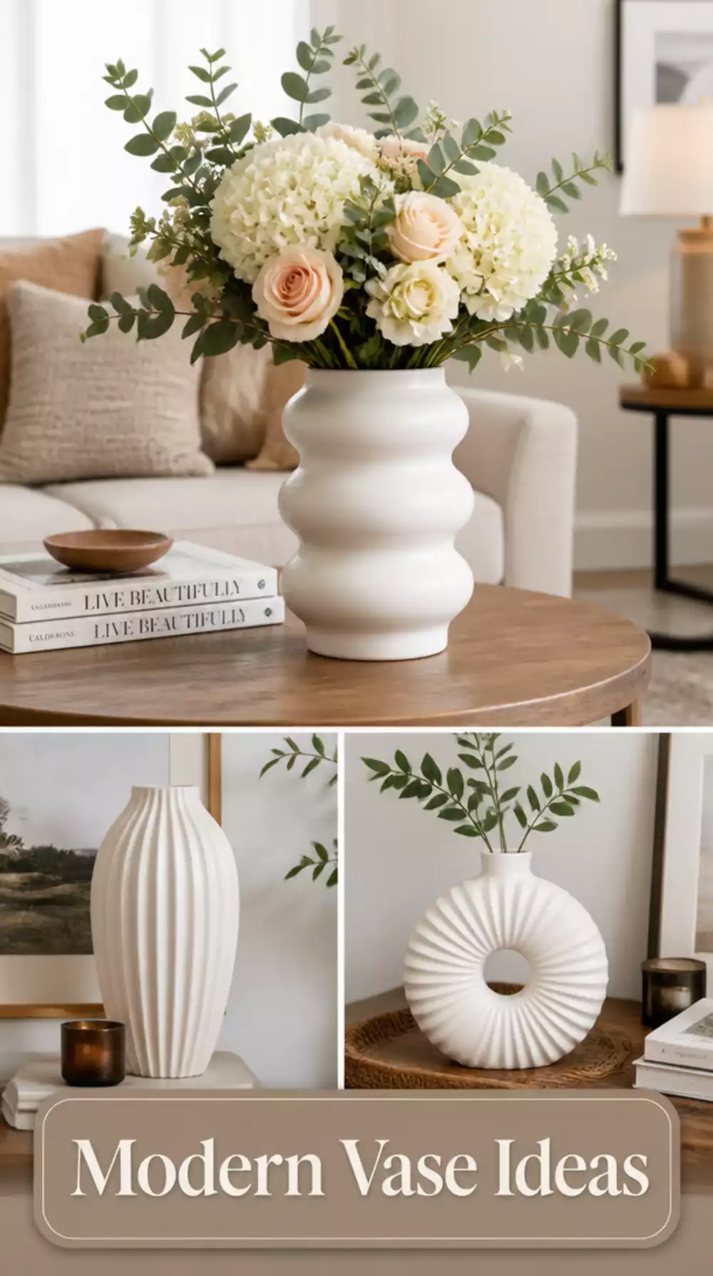 Living Room Thrift Store Ceramic Vase Repainted in a Matte White for a Modern Look