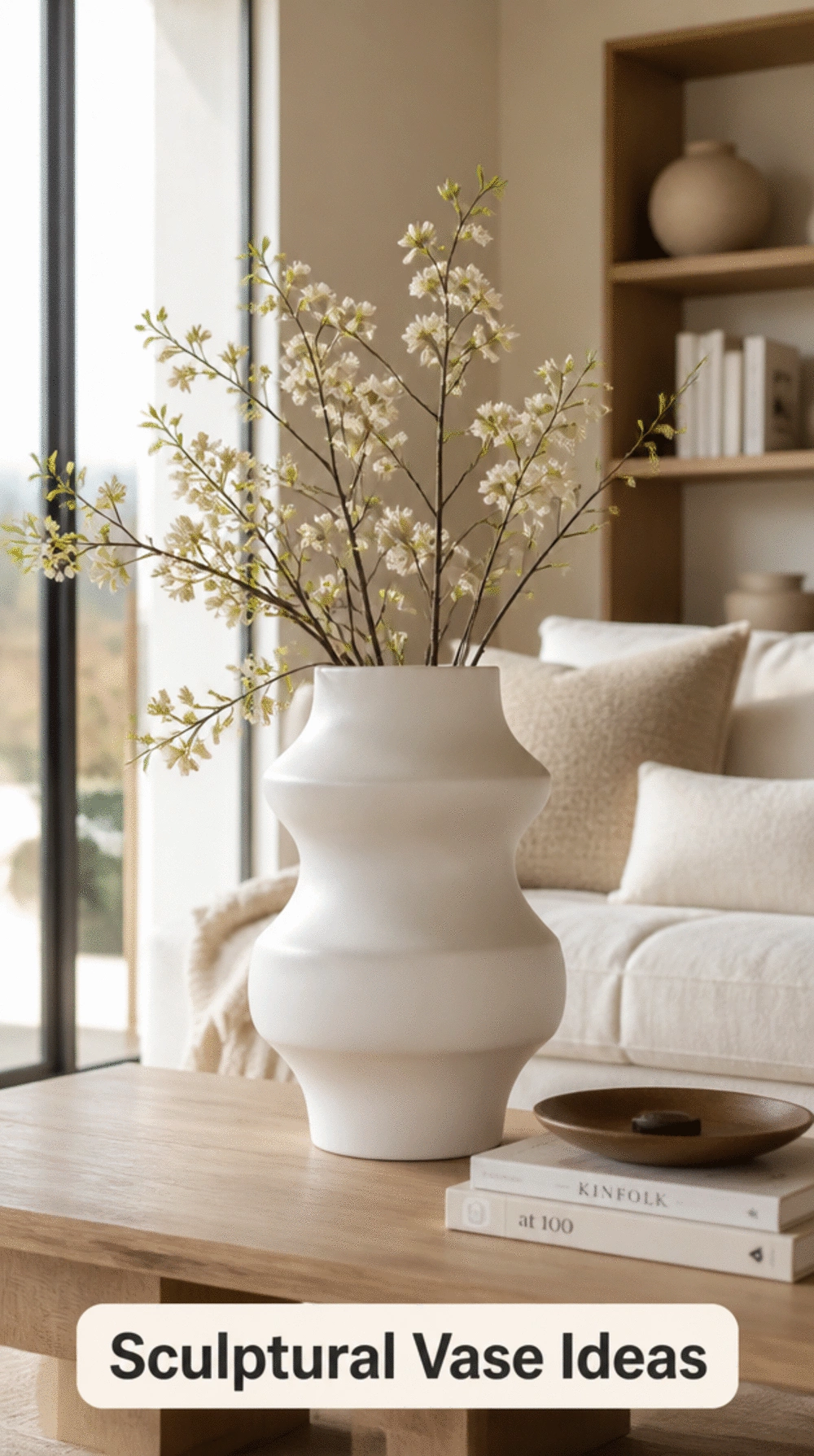 Living Room Single Statement Sculptural Vase in Matte White as a Minimal Focal Point
