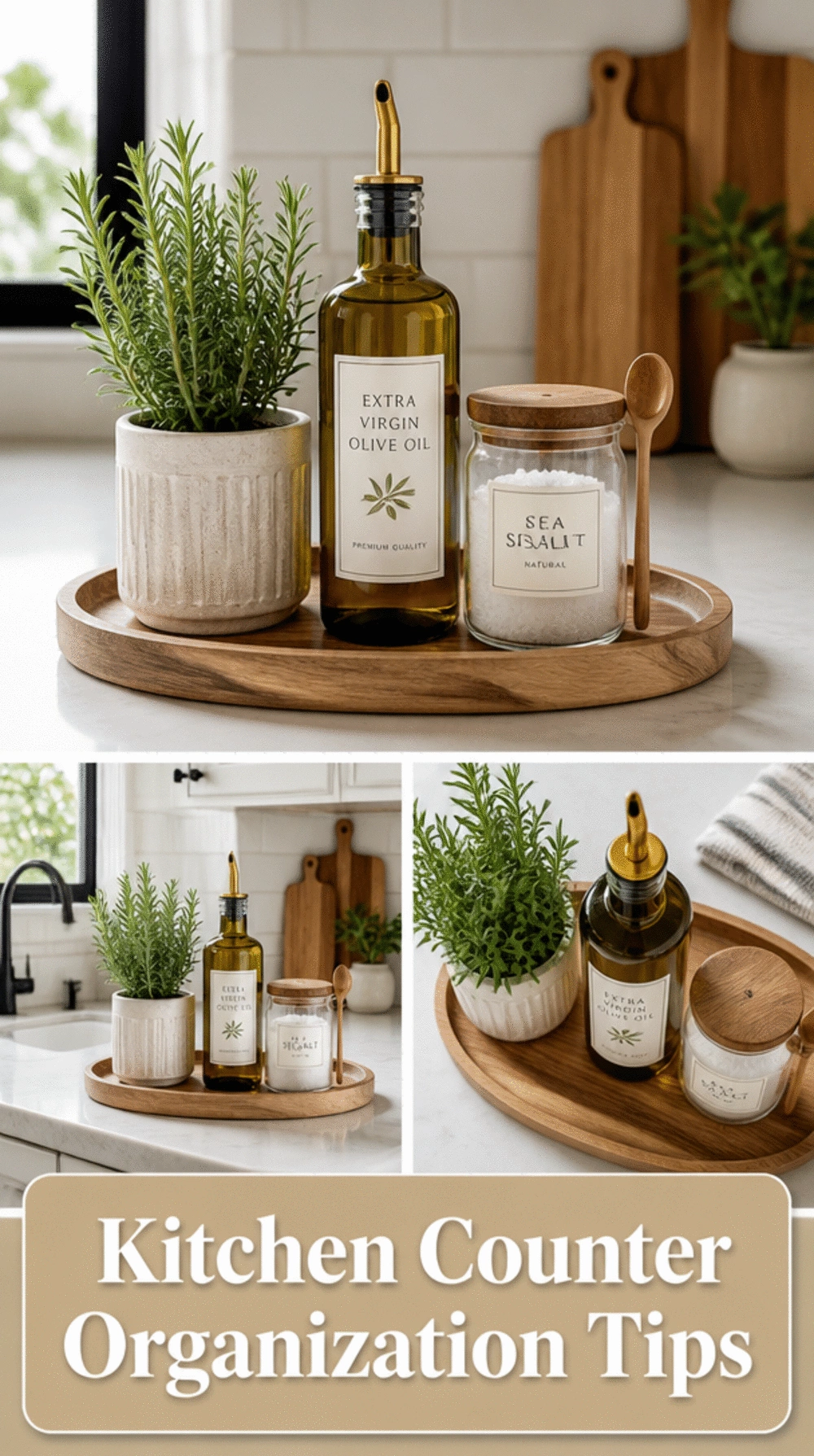 The Kitchen Counter Tray Corralling Trick That Groups Oils, Salt, and a Small Plant Together Neatly