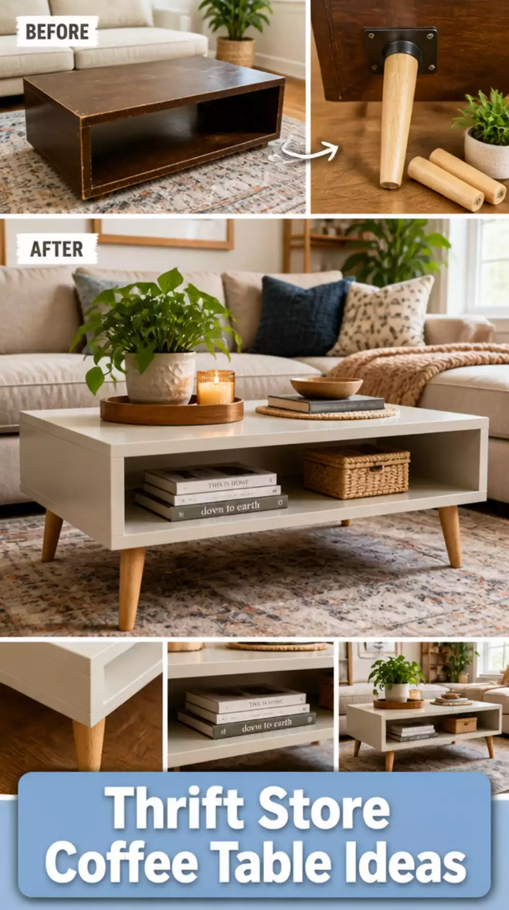 Living Room Thrift Store Coffee Table with Added Wooden Legs for a Mid-Century Look