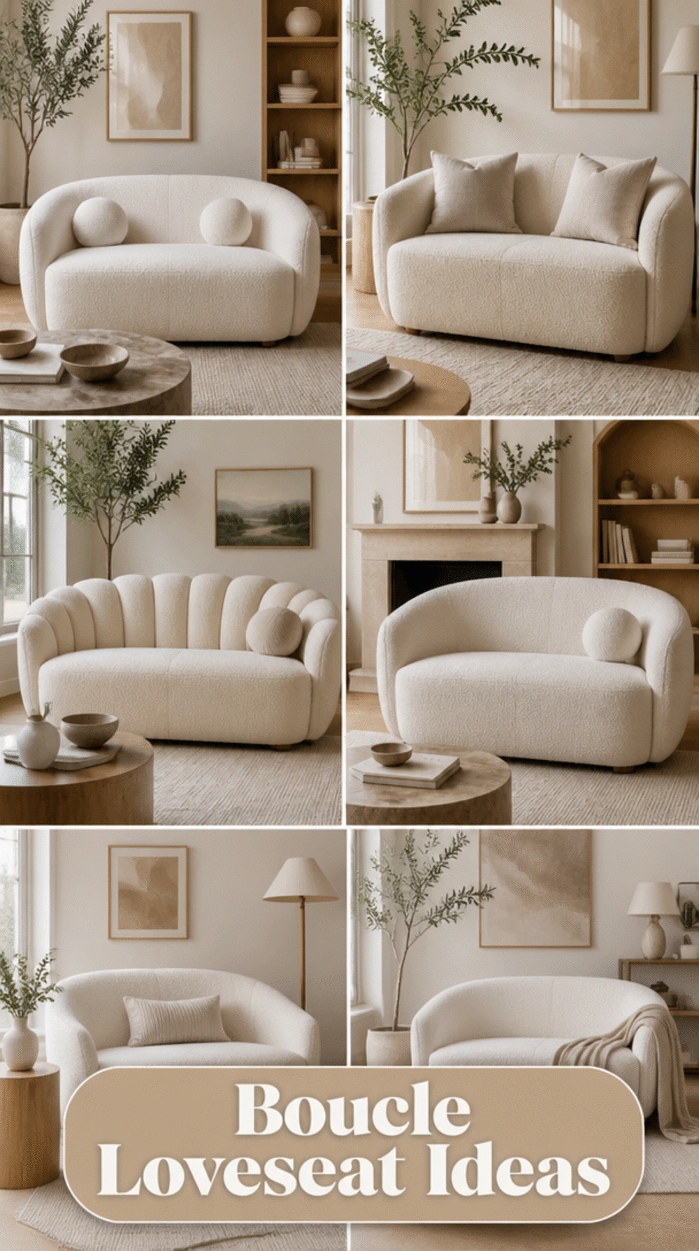 Living Room Curved Boucle Loveseat in a Soft Ivory for a Bougie Apartment Look