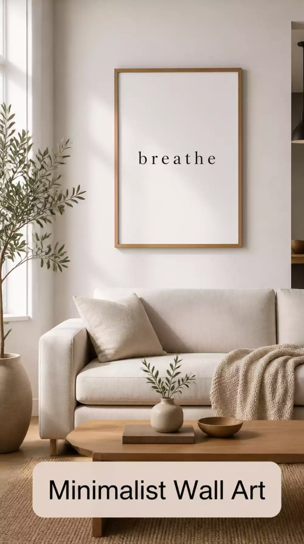 Living Room Single Word Typographic Print on Card Stock in a Slim Oak Frame for a Minimal Wall