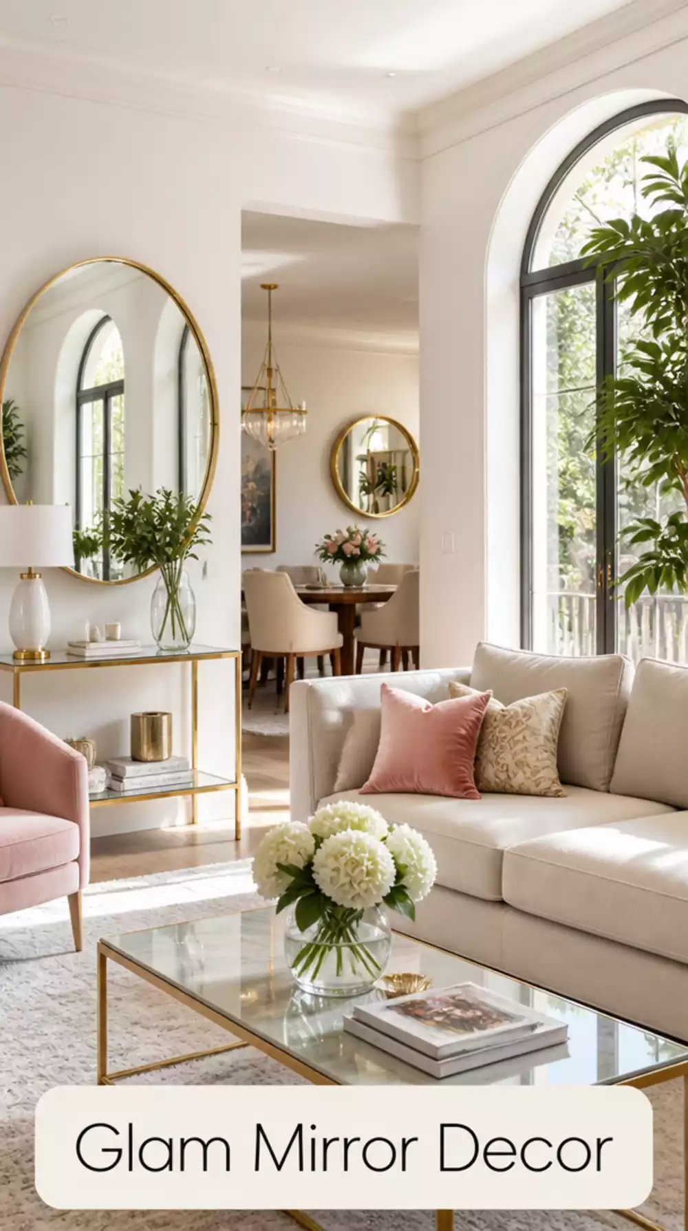 Gold-Rimmed Mirror Decor to Reflect Light and Double Room Size