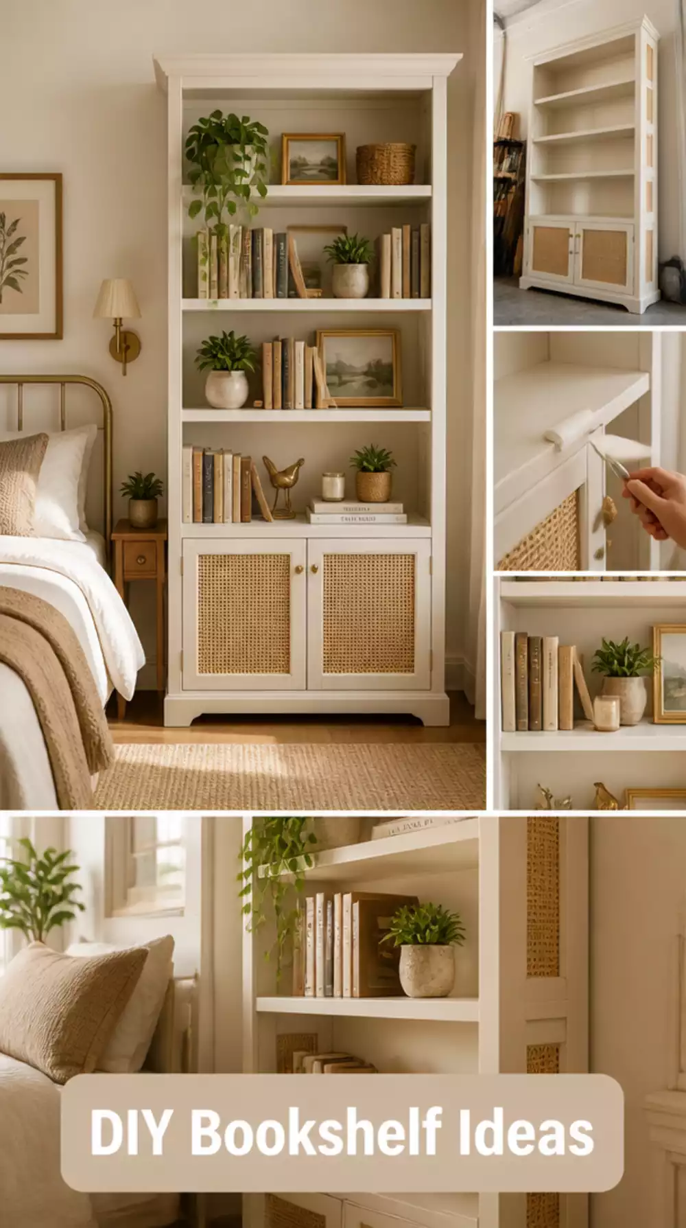Bedroom Upcycled Bookshelf Painted in a Warm White With New Rattan Door Inserts