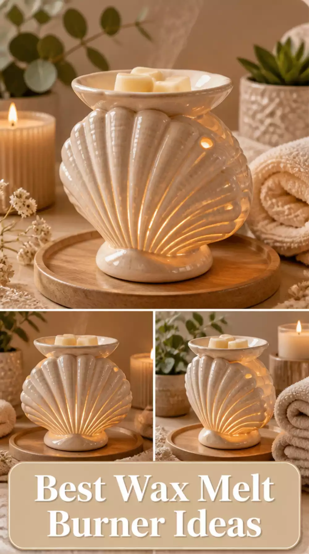 Bathroom Wax Melt Burner in a Ceramic Shell Shape That Adds Scent and Visual Interest