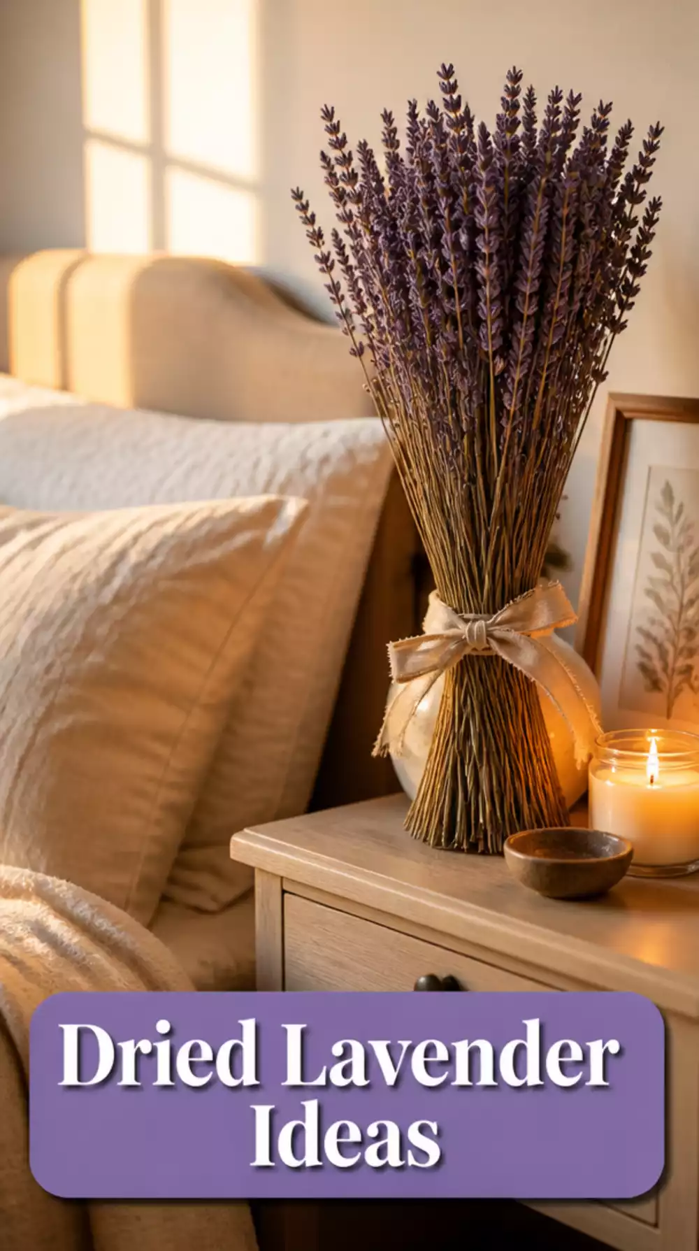 Bedroom Dried Lavender Bundle Tied With a Linen Ribbon Placed on a Nightstand for Scent