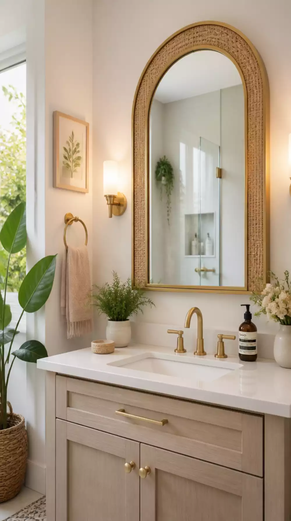 Bathroom Arched Rattan Mirror That Makes a Plain Bathroom Wall Look Intentionally Designed