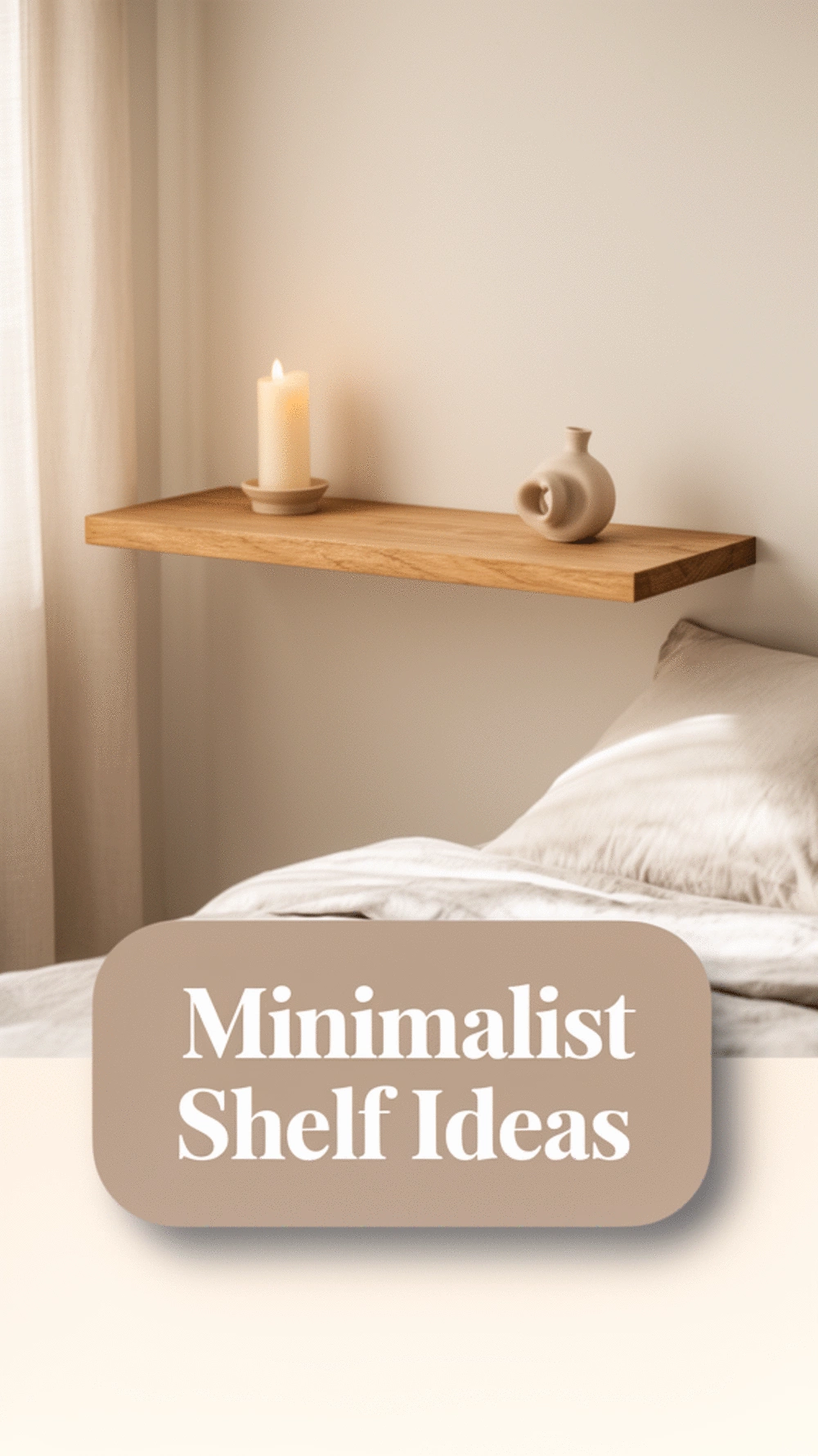 Bedroom Slim Oak Floating Shelf With a Single Candle and One Small Ceramic