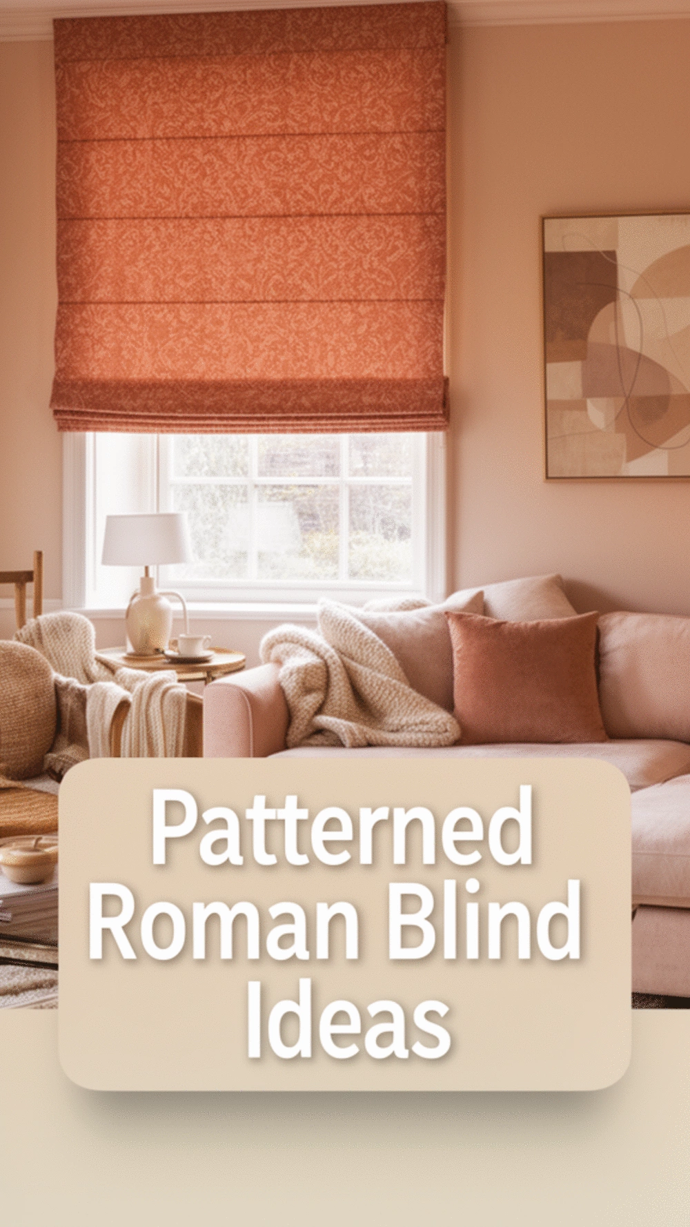 Living Room Patterned Roman Blind in a Warm Terracotta Print for a Soft Window Focal Point
