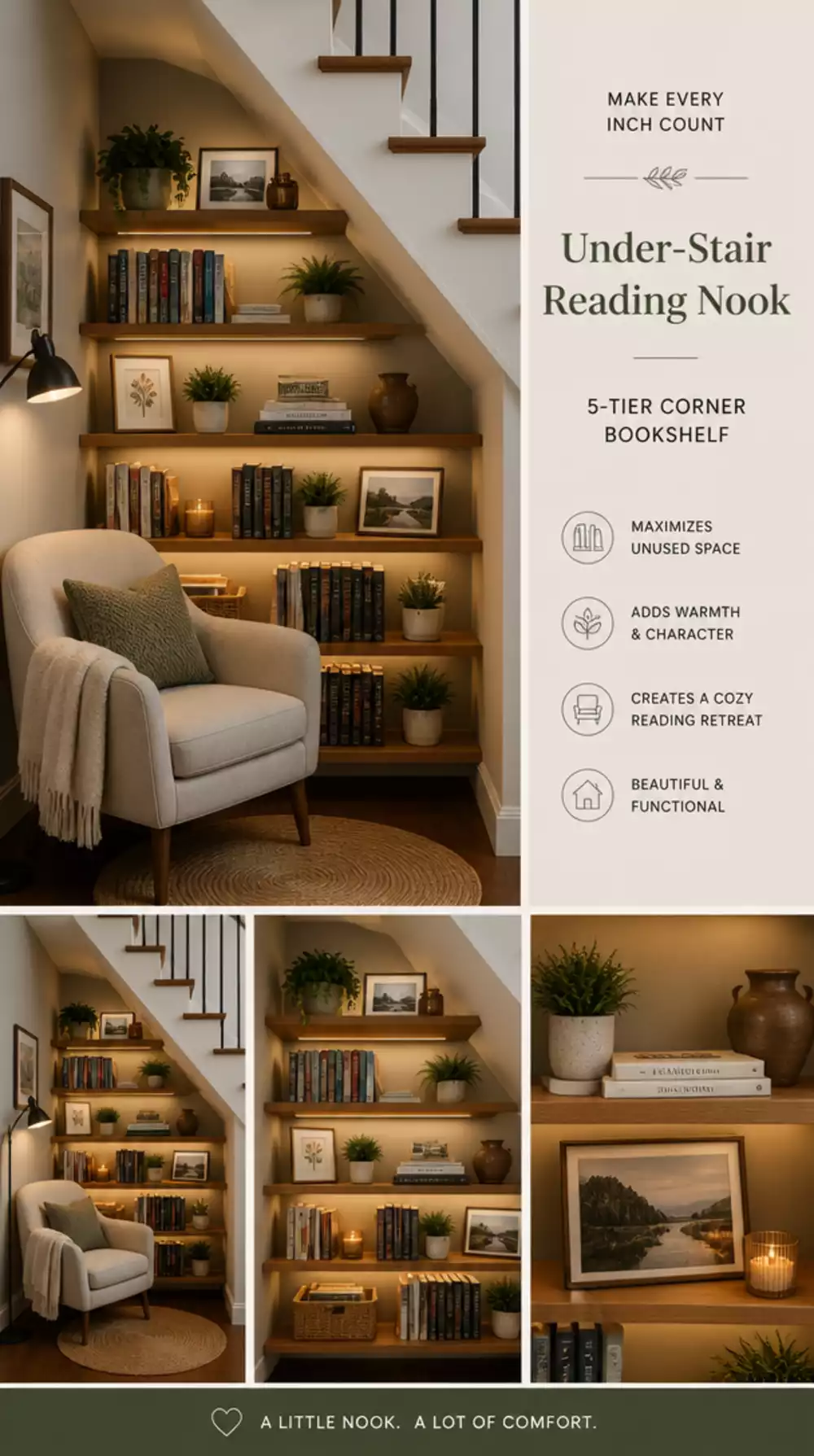 Under-Stair Open Shelf Unit Built Into the Alcove That Turns Wasted Space Into a Library