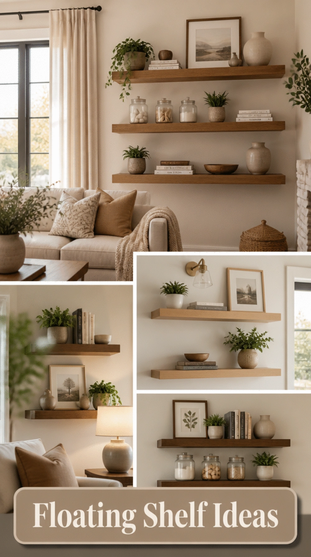 Living Room Floating Shelf Styled with Clear Jars and Simple Ceramics
