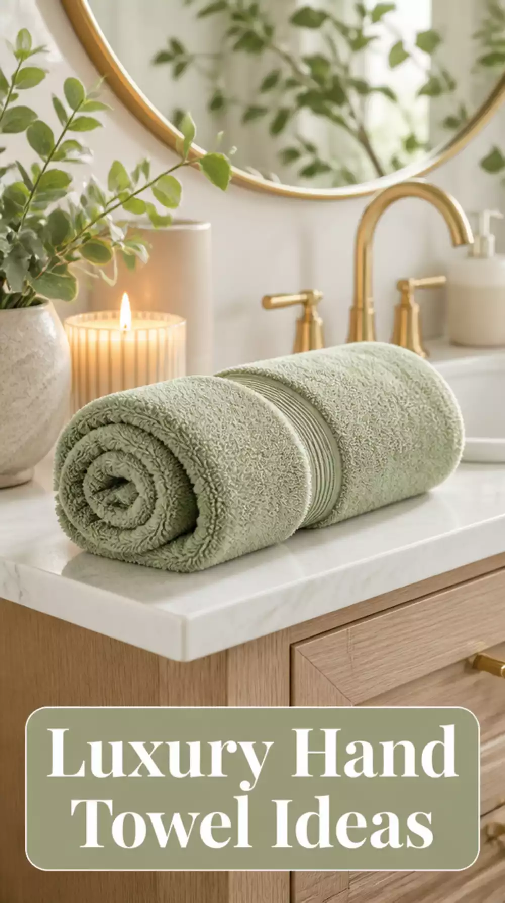 Bathroom Vanity Linen Hand Towel in a Soft Sage Rolled and Placed on the Counter Edge