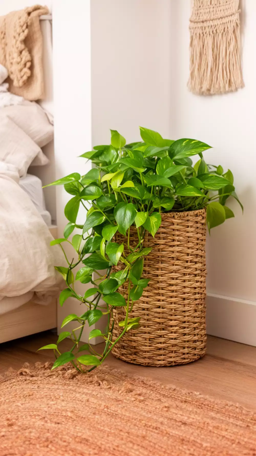 Why a Single Trailing Pothos Plant in a Woven Basket Completes an Earthy Bedroom