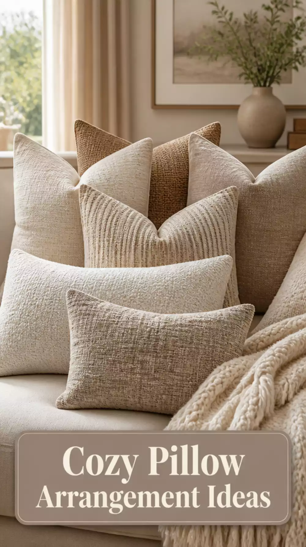 Living Room Sofa Throw Pillow Arrangement in a Neutral and Texture Mix