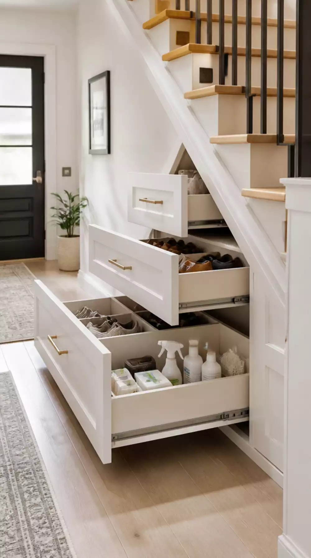 Under-Stair Pull-Out Drawer Cabinet That Slides Into the Deepest Part of the Triangular Space