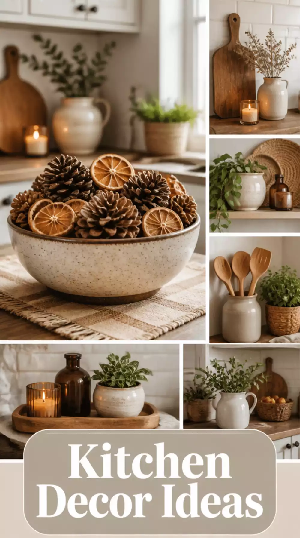 Kitchen Seasonal Ceramic Bowl Styled with Natural Elements Like Pine Cones and Dried Citrus