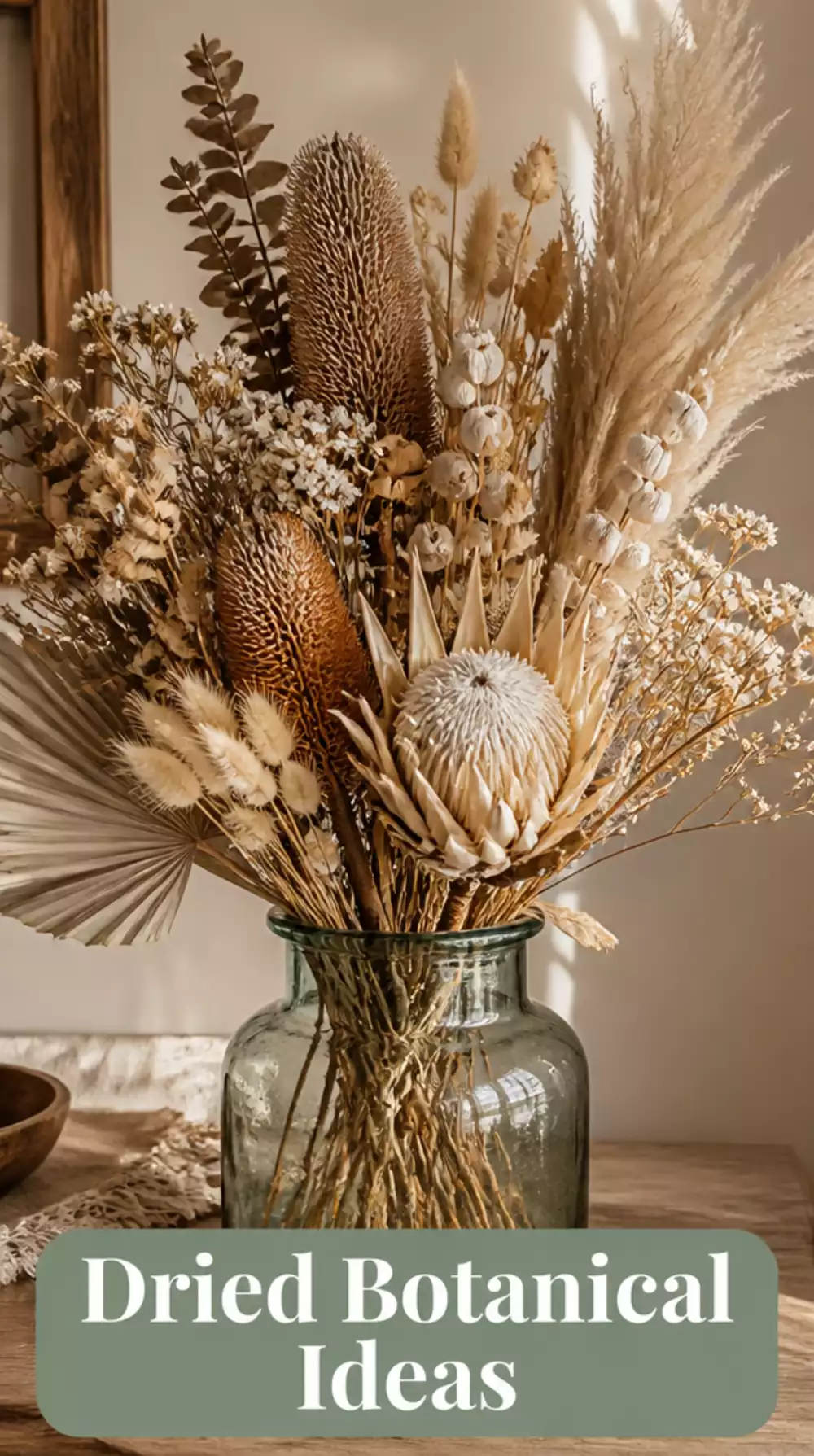 Living Room Dried Botanical Arrangement in a Recycled Glass Vase for a Natural Display
