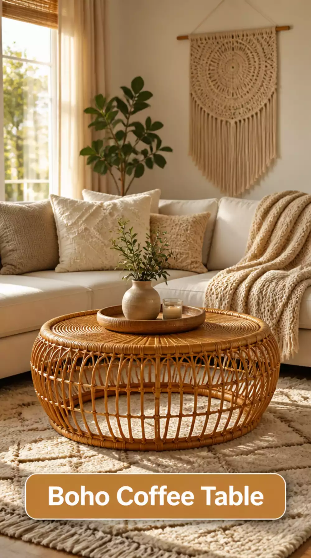 Living Room Rattan Coffee Table in a Warm Honey Finish for a Natural Boho Look