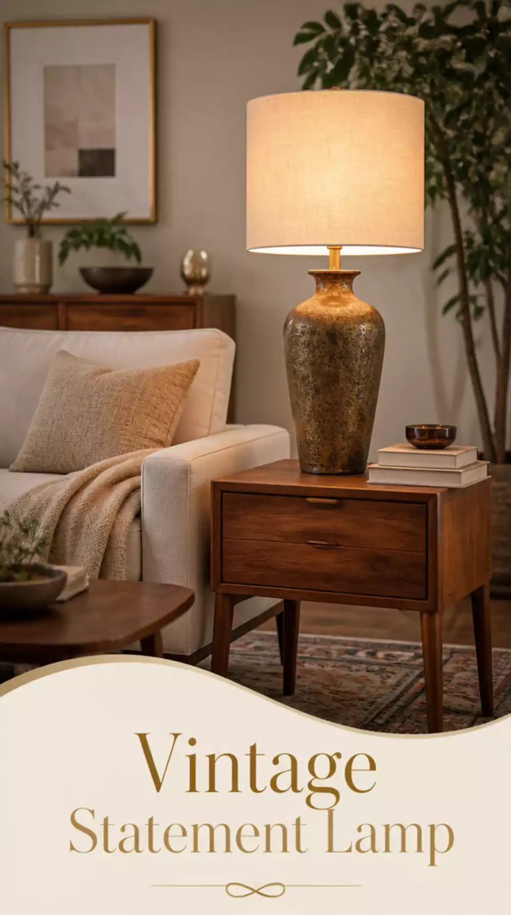 Living Room Secondhand Statement Lamp Rewired and Fitted With a New Linen Shade