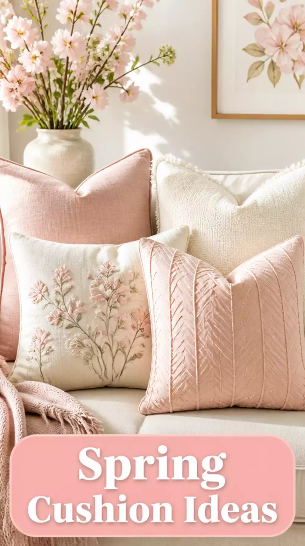 Living Room Linen Cushion Cover Swap to a Soft Blush and Cream Set for a Spring Refresh