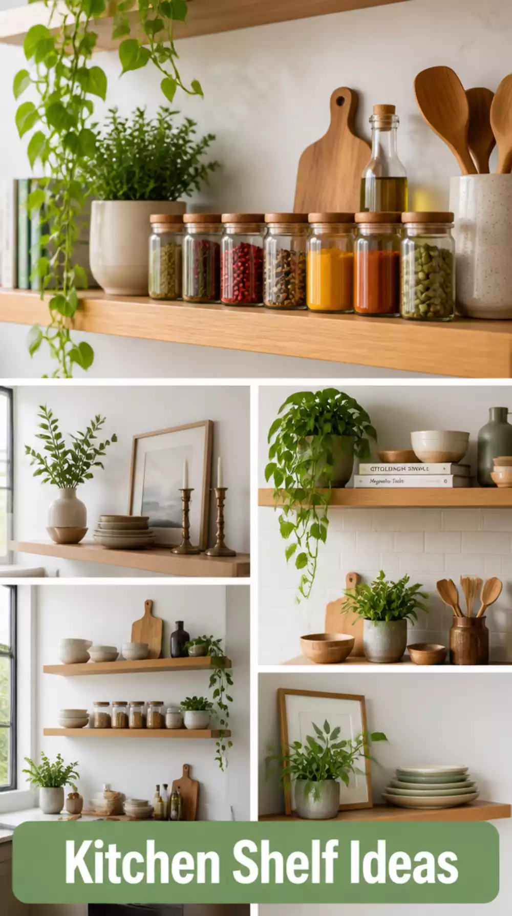 Kitchen Floating Open Shelf Styled With Clear Jars and a Small Potted Herb