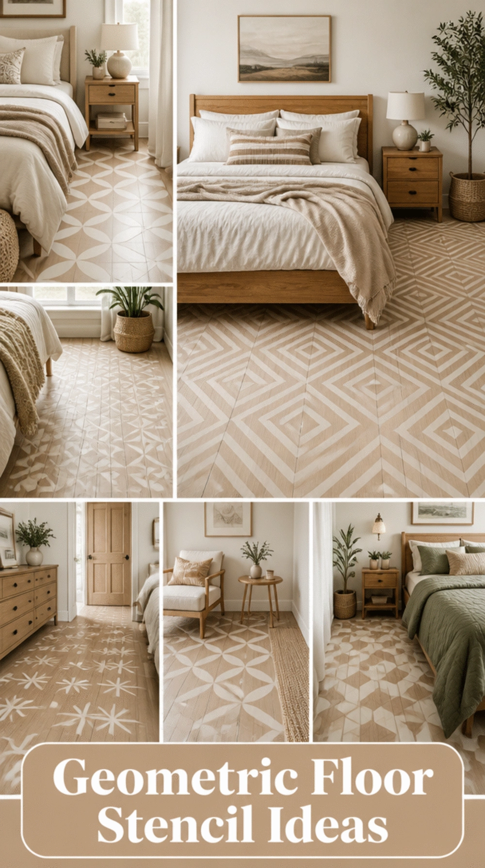 Bedroom Floor Stencil in a Geometric Pattern Painted Over Sanded Floorboards for a Custom Look
