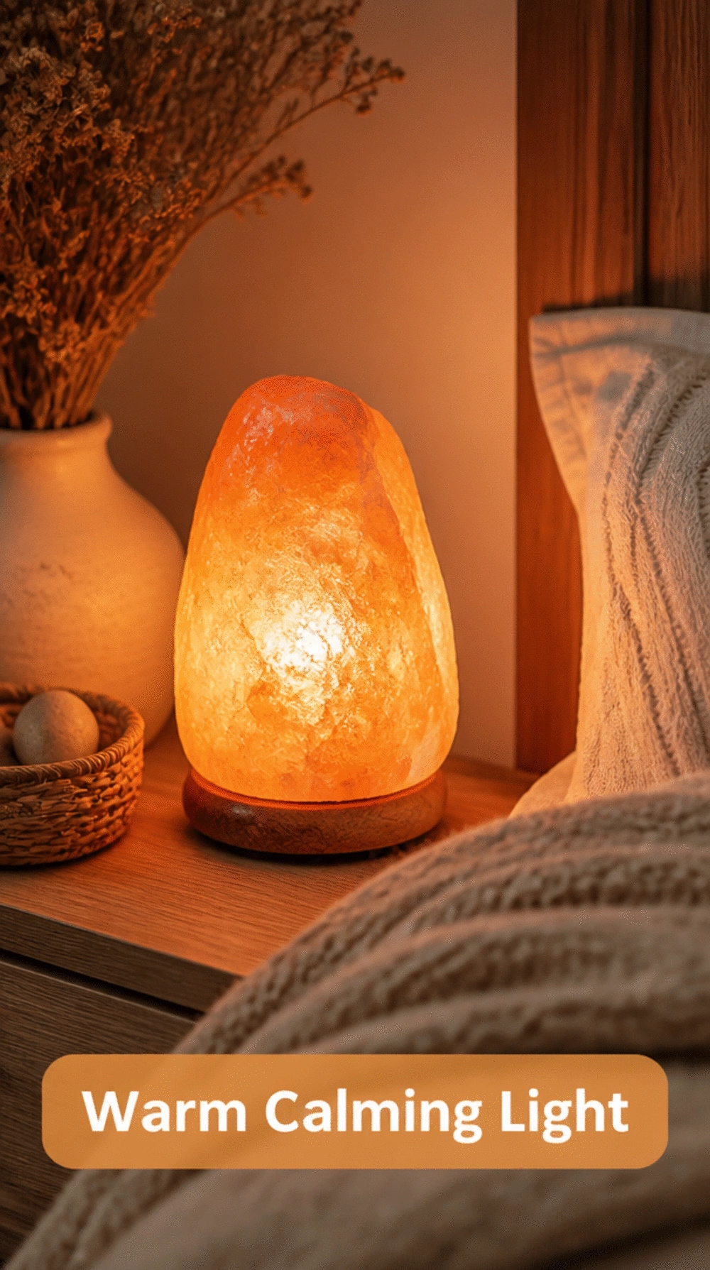 Bedroom Salt Lamp on a Nightstand in an Amber Natural Stone Tone for a Warm Calming Light