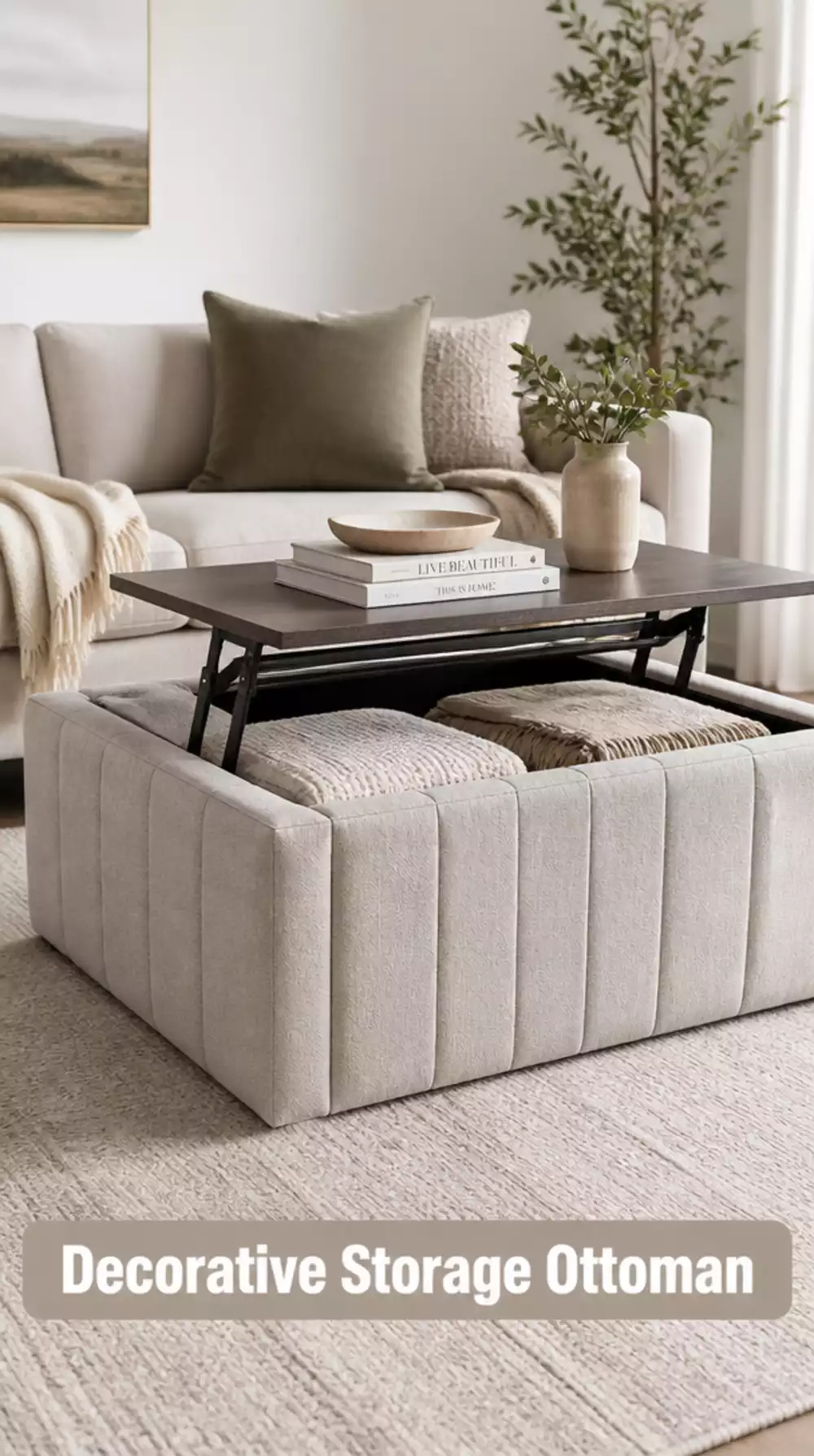 Living Room Decorative Storage Ottoman That Holds Blankets and Acts as a Coffee Table