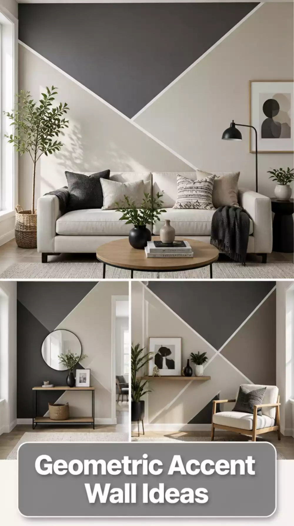 Living Room Geometric Paint Block Accent Wall Using Only Two Contrasting Neutrals