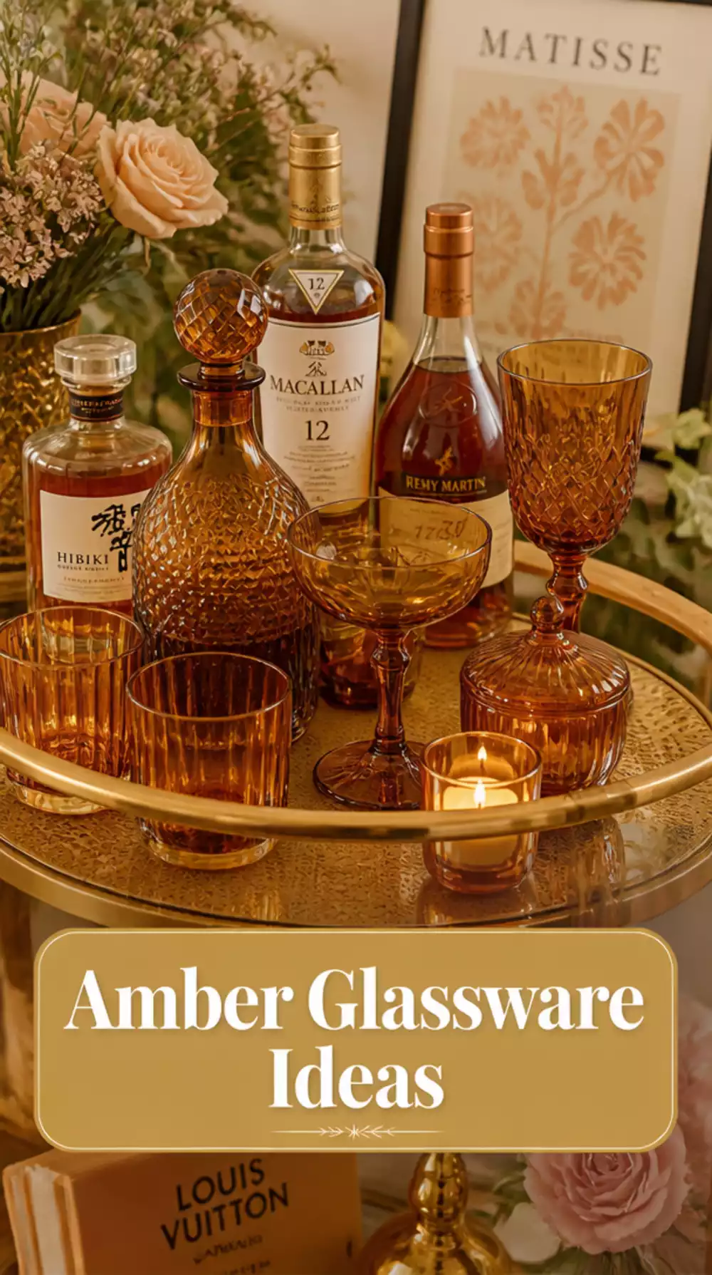Living Room Bar Cart Amber Glassware Set in a Coordinated Tone for a Warm Styled Display