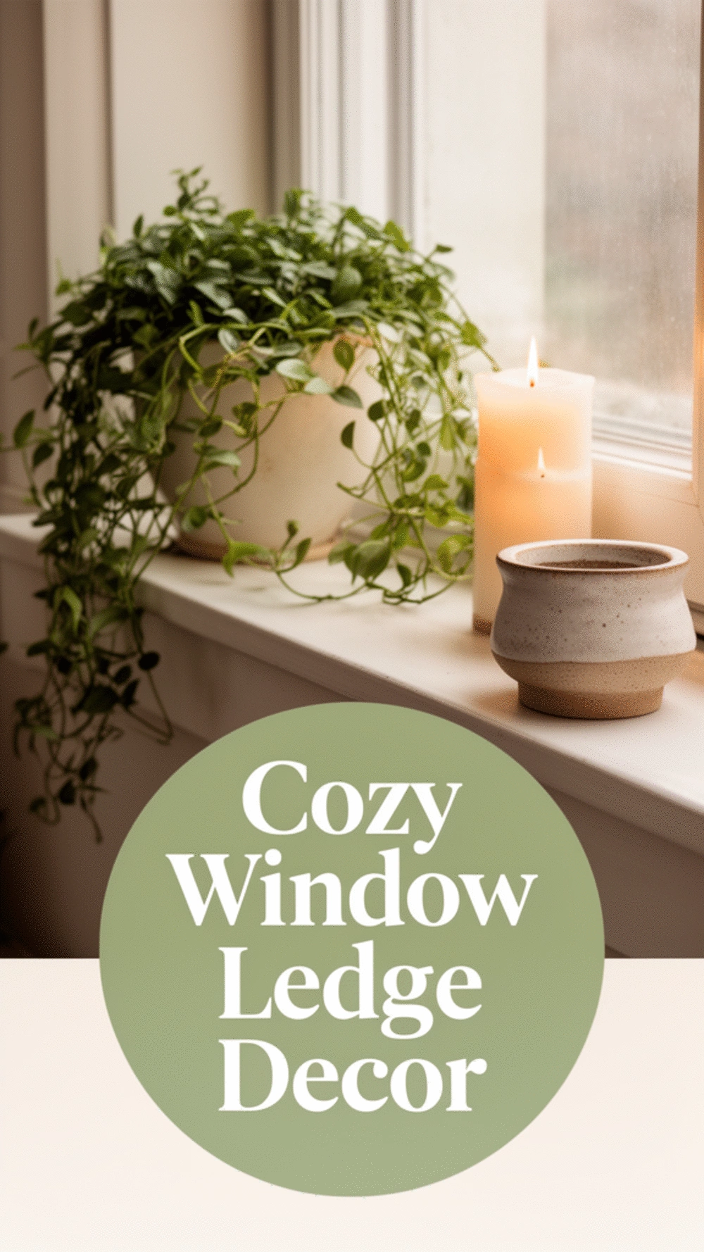 Apartment Window Ledge Styled With Trailing Plants, a Candle, and a Small Ceramic Pot