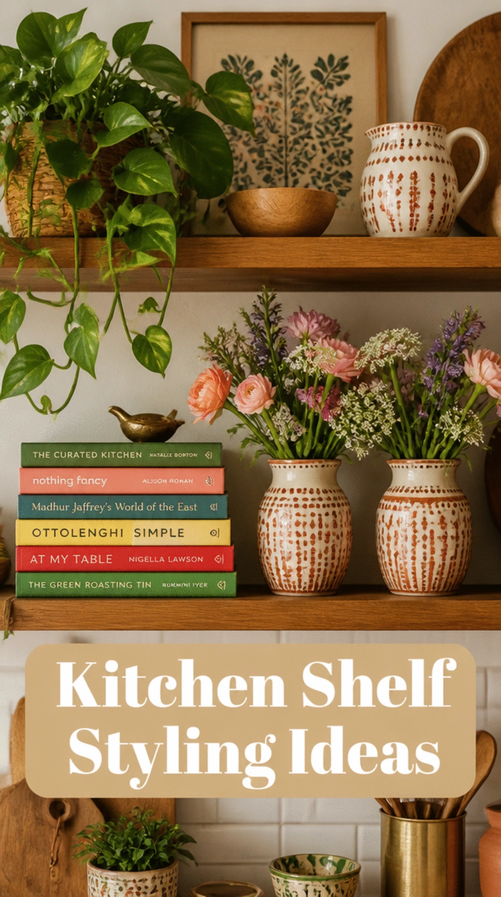 Kitchen Open Shelf Styled With a Stack of Cookbooks, a Plant, and Two Matching Ceramics