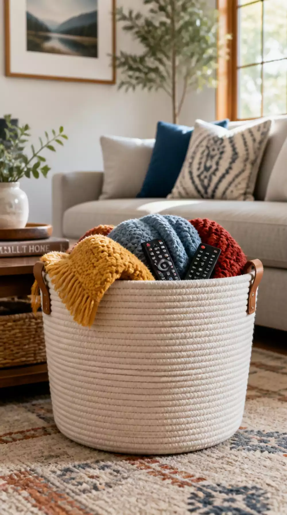 Living Room Woven Storage Basket Set That Hides Blankets and Remotes Out of Sight