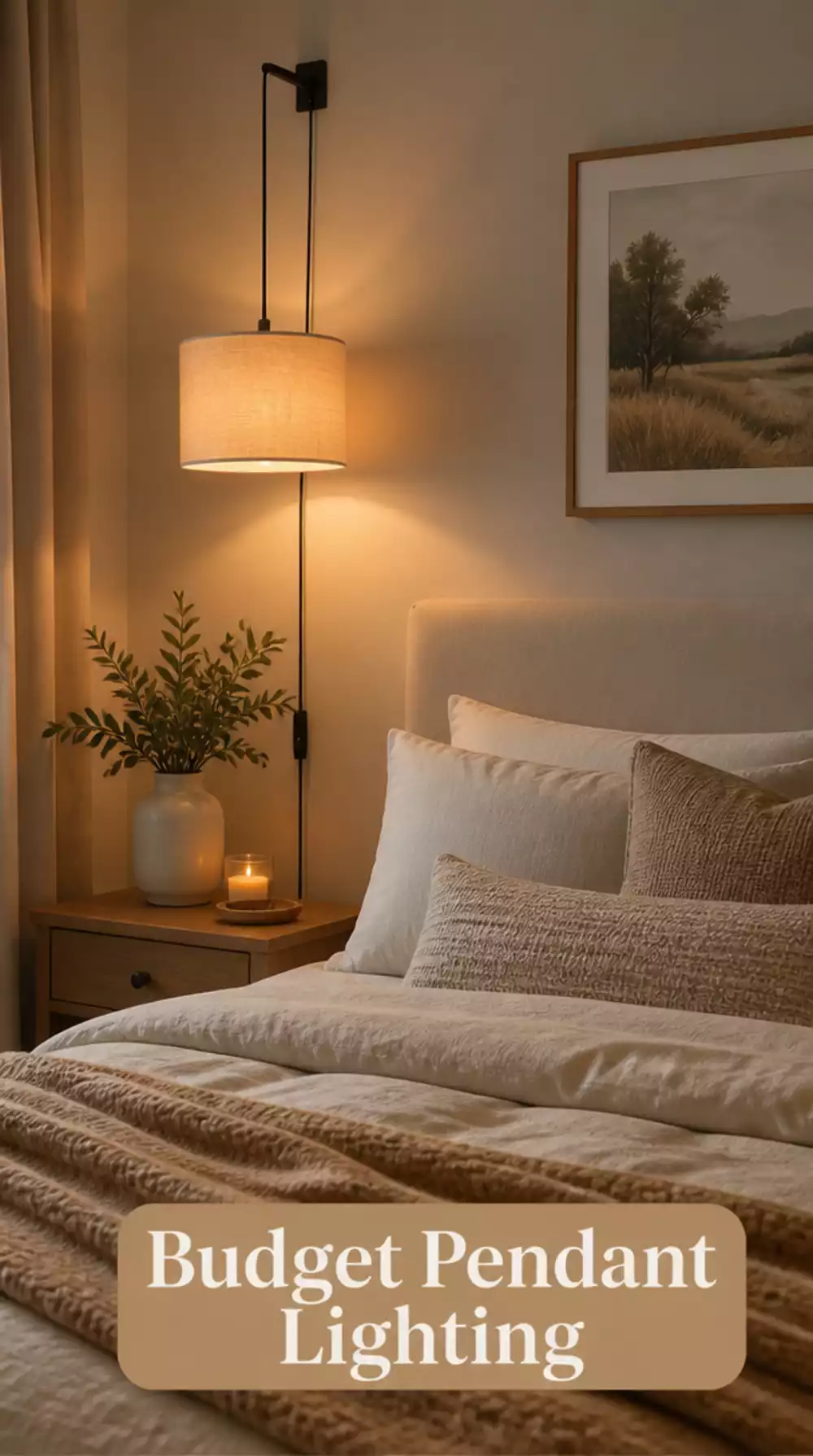 Bedroom Amazon Plug-In Pendant Light in a Linen Shade for Under Twenty-Five Dollars