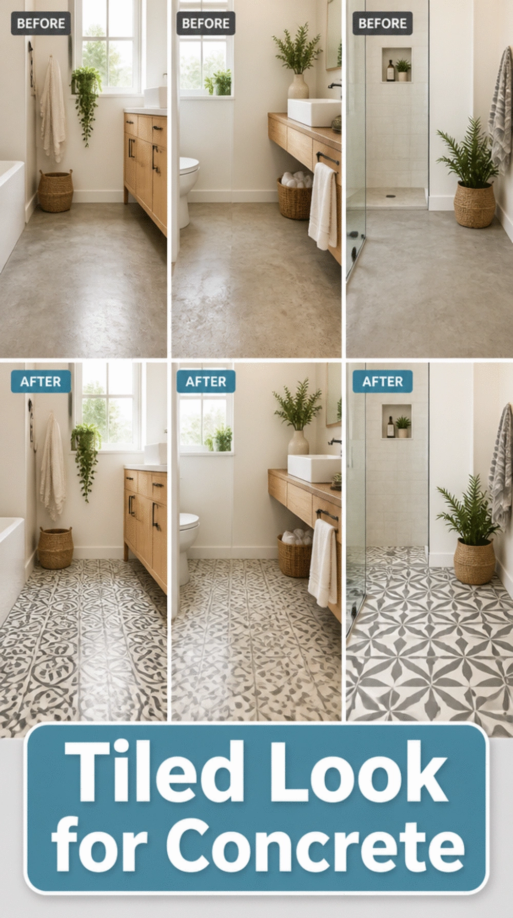 The Bathroom Floor Stencil and Floor Paint Trick That Makes Plain Concrete Look Tiled