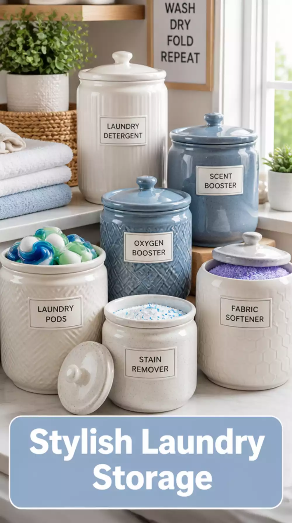 Laundry Room Ceramic Detergent Decant Jar Set With Labels That Clears the Counter