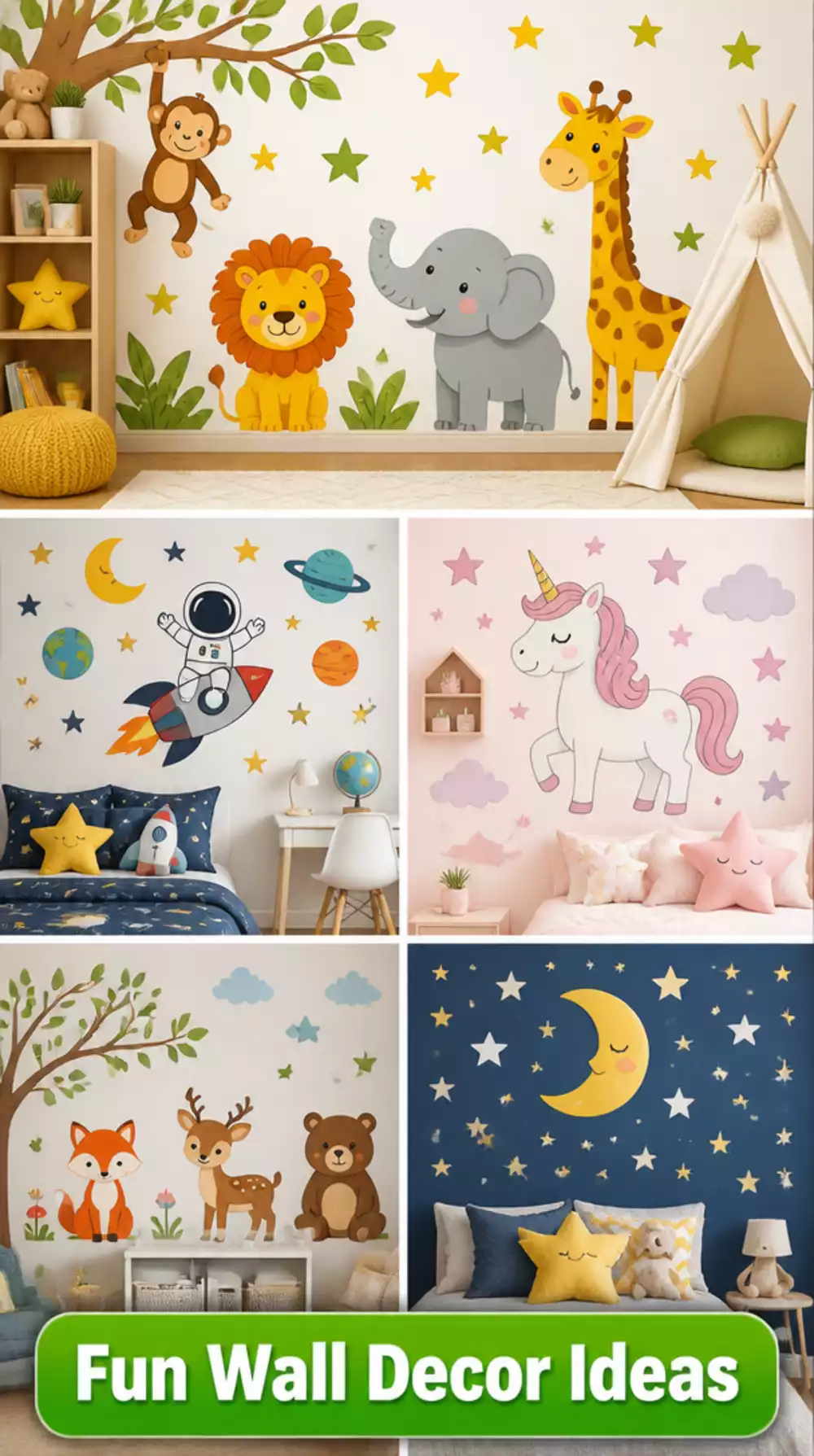 Kids Room Wall Decal Set in a Playful Animal or Star Pattern That Peels Off Without Damage