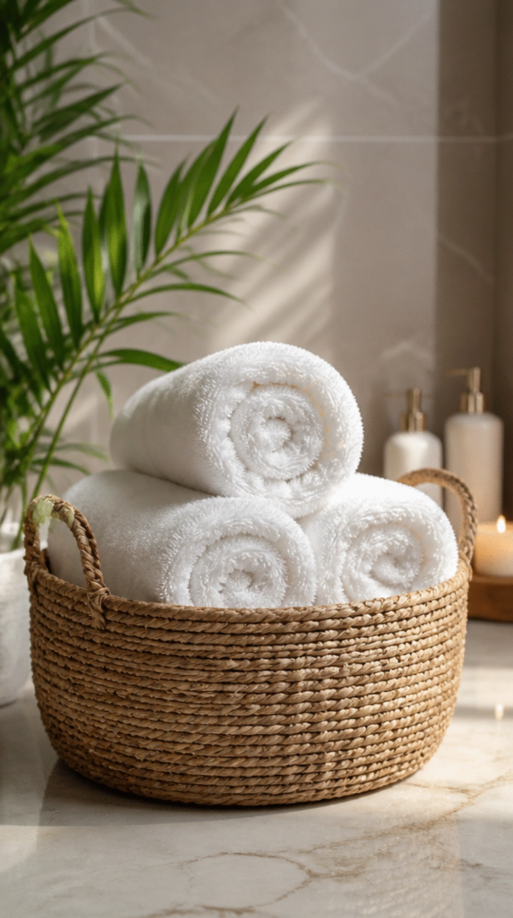 Bathroom Fluffy White Towel Set Rolled in a Seagrass Basket for a Hotel Look
