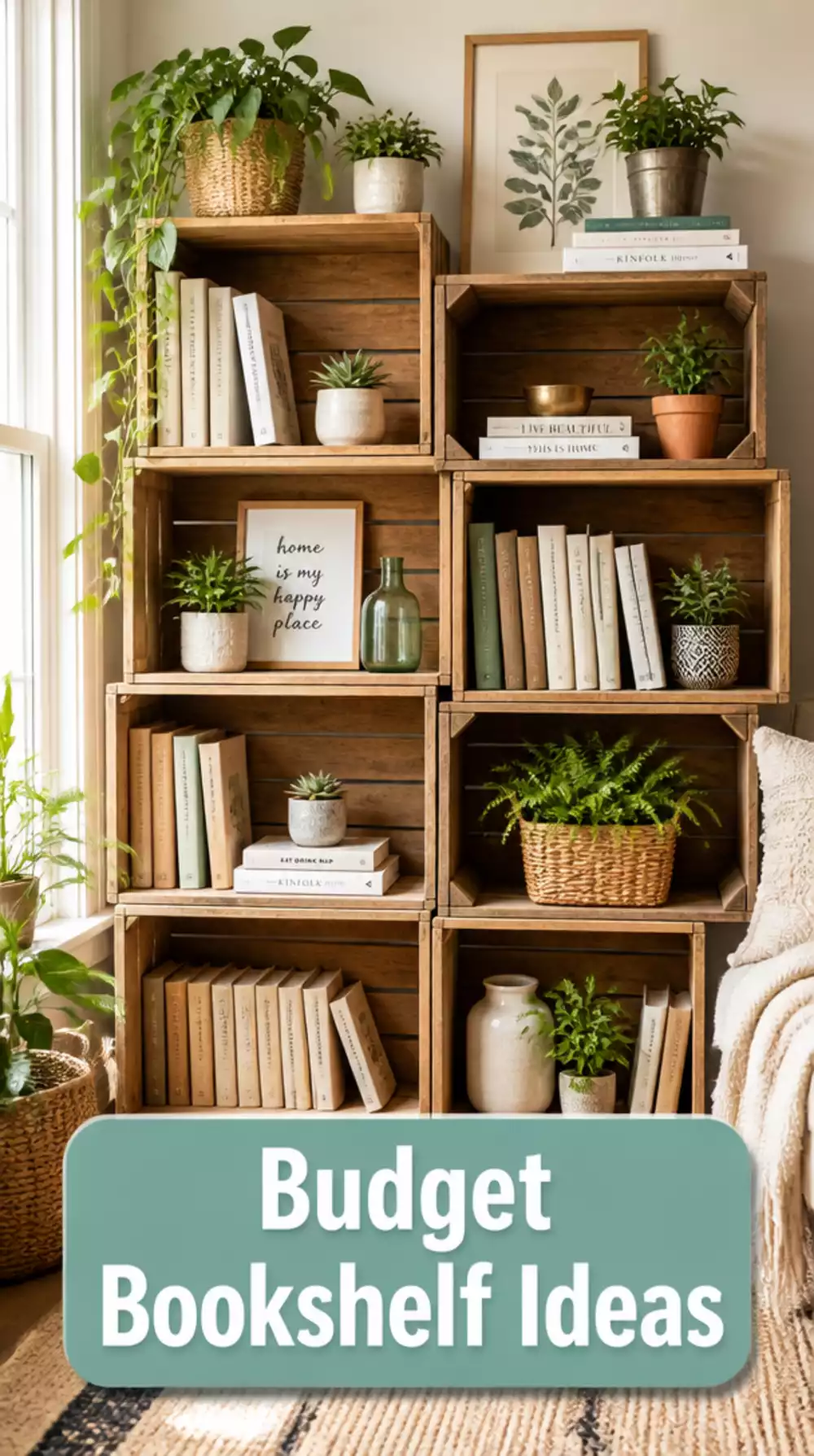 Living Room Upcycled Wooden Crate Stack Used as a Budget Bookshelf and Display Unit