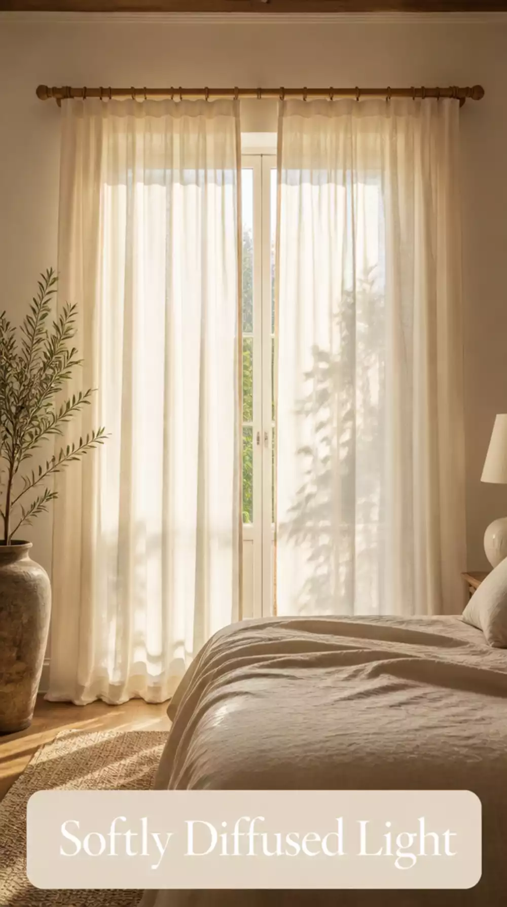 Bedroom Shoji-Inspired Sheer Panel on a Slim Bamboo Rod for a Softly Diffused Window